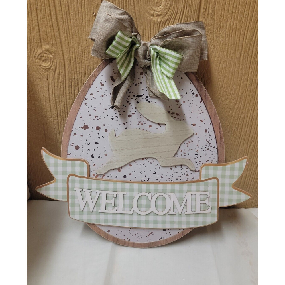 Welcome Easter Egg Hanging Wooden Decor 15" x 15.5" Bunny Bow